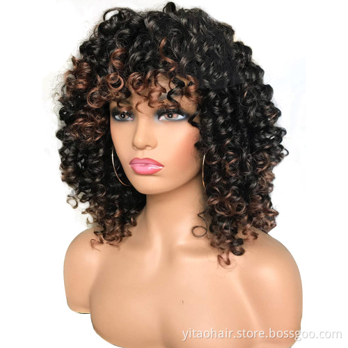 Wholesale Short Bob Black Highlight Wig With Bangs for Black Women 14 Inch Afro Kinky Loose Curly Wave Synthetic Hair Wigs